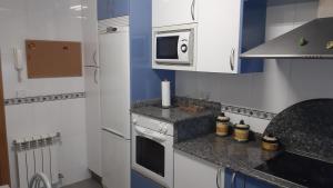 kuchnia z białymi szafkami i kuchenką mikrofalową w obiekcie Piso Tranquilo Ponferrada w mieście Ponferrada