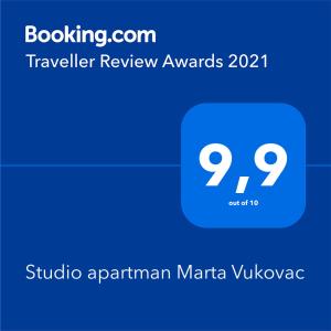 Certifikát, hodnocení, plakát nebo jiný dokument vystavený v ubytování Studio apartman Marta