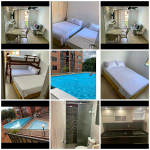 eine Collage mit Fotos eines Hotelzimmers mit Pool in der Unterkunft Apartamento Vacacional Toscana Melgar in Melgar
