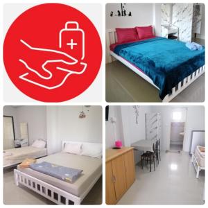 4 photos différentes d'une chambre et d'une pièce dans l'établissement เพลินเพลิน​ วิลล่า, à Sattahip