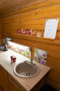 a bathroom with a sink on a wooden counter at "Čiekuri" in Aglona