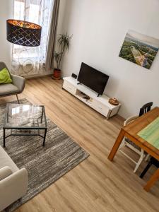 a living room with a television and a table at City Apartment Leipzig in Leipzig