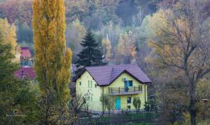 a yellow house with a purple roof in a forest at Pensiunea HAPPY in Schitu-Topolniţei