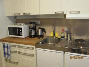 a kitchen with a sink and a microwave at Apartments Hotel Rivoli Jardin in Helsinki