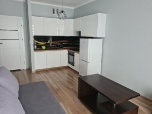 a kitchen with white cabinets and a black table at Apartament Kameralny in Radom
