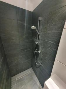 ein Bad mit einer Dusche und einer schwarzen Wand in der Unterkunft Mirror Apartments in Oświęcim