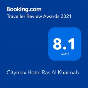 Majutusasutuses Citymax Hotel Ras Al Khaimah olev sertifikaat, autasu, silt või muu dokument