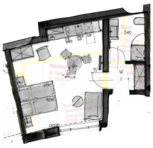 un dibujo de un plano del suelo de una casa en Apartments Galumbo - bleiben & genießen en Illmitz