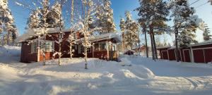 a house in the snow with snow covered trees at Hideaway Cottage in Ivalo