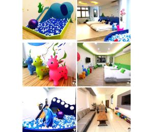 eine Collage mit Bildern eines Zimmers in der Unterkunft 晚安熊-親子民宿 in Zhushan