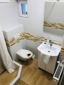 a bathroom with a toilet and a sink at Melánia Vendégház in Balatonfőkajár