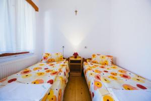 2 łóżka pojedyncze w pokoju z oknem w obiekcie Gyöngyvirág Panzió w mieście Lupeni
