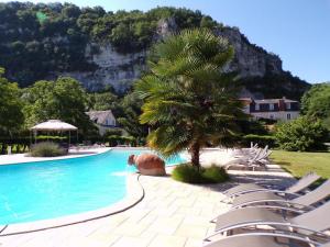 a pool with chairs and a palm tree in front of a mountain at Domaine de Lacave in Lacave