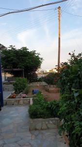 a garden with flowers and a pole in the background at Galazio Kyma in Agios Ioannis
