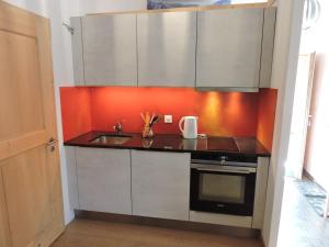 a kitchen with a sink and an orange wall at Anniviers : studio avec mezzanine in Vissoie