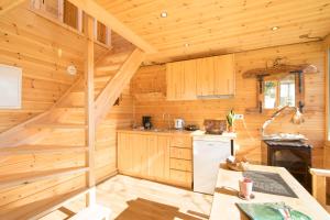 eine Küche in einem Blockhaus mit Holzwänden in der Unterkunft Romantic Tree House in Kato Pavliana