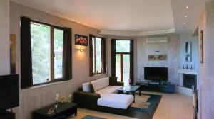 a living room with a couch and a tv at Вила Силва - Villa Silva in Bŭlgarevo
