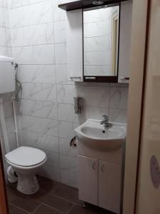 W łazience znajduje się toaleta, umywalka i lustro. w obiekcie Mario Sunce Apartmani w Niszu