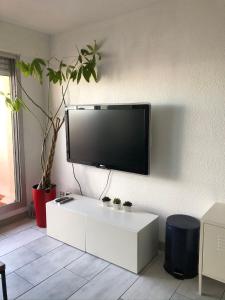 TV de pantalla plana colgada en la pared en Appartement Vue Mer - Sète, en Sète
