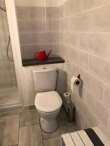 La petite salle de bains est pourvue d'une douche et de toilettes. dans l'établissement Appartement Vue Mer - Sète, à Sète
