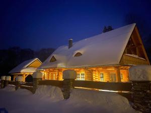 a house covered in snow at night at Chata Nad Potokiem w Górach in Kamesznica