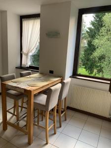 a wooden table and chairs in a room with a window at Appartamento Levico lake in Levico Terme