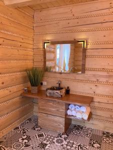 a bathroom in a log cabin with a sink and a mirror at Chata Nad Potokiem w Górach in Kamesznica