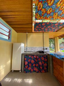 a kitchen with a refrigerator and a painting on the wall at Casinha Limão Escondido in Sapucaí-Mirim +7 photos