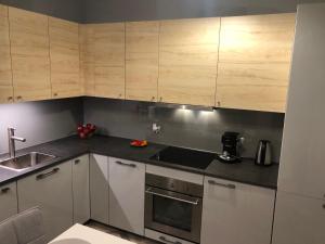 kuchnia z białymi urządzeniami i drewnianymi szafkami w obiekcie Apartment Katowice Center w mieście Katowice