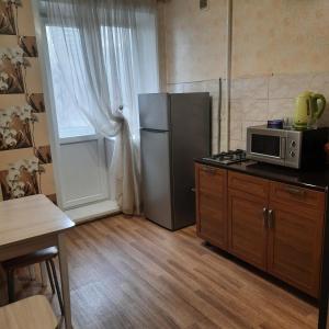 a kitchen with a refrigerator and a microwave at Apartment on Plekhanovskaya street 22 in Voronezh