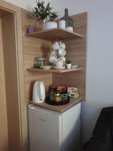 a kitchen with a shelf and a counter with food on it at Apartman Ero in Čepin