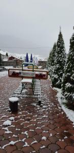 ザルネシュティにあるPensiunea Casa Zarnesteanaの雪に覆われた地面に座るベンチ数台