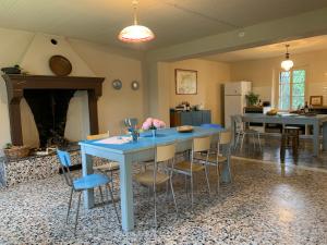 una cucina con tavolo blu e alcune sedie di Casa Ricamadora a San Pietro in Cariano