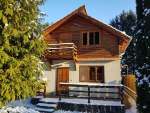 a cabin in the woods with snow on the ground at Cabana dintre Brazi in Mintia