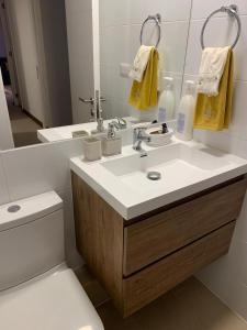 a bathroom with a sink and a toilet and a mirror at Papudo Laguna in Papudo