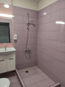 een badkamer met een douche en een wastafel bij BeLApartment in Petrich