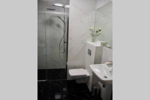 a bathroom with a shower and a toilet and a sink at Studio nr 1 close to Medicover and Paley Institute in Warsaw