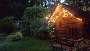 una casa de perros con luces en un patio en Cabañas del Gordo en Mar del Plata