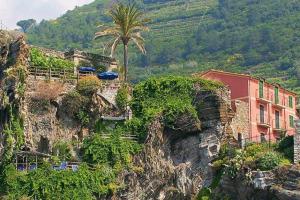 a building on top of a mountain with a palm tree at Hotel Gianni Franzi in Vernazza