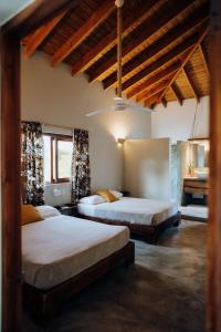
a hotel room with two beds and two windows at Residencia El Balatà in Las Terrenas
