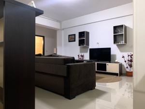 een woonkamer met een bank en een televisie bij Ferdinand Apartment in Constanţa