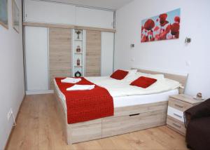 ザマールディにあるEApartman Studioのベッドルーム1室(赤毛布付きの大型ベッド1台付)
