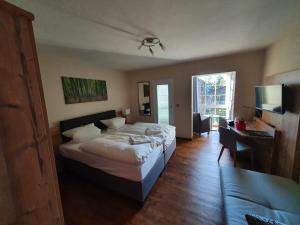 Schlafzimmer mit einem Bett, einem Schreibtisch und einem TV in der Unterkunft Hotel Waldrausch in Hahnenklee-Bockswiese