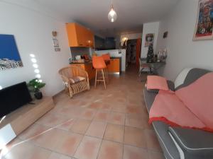 ein Wohnzimmer mit einem Sofa und einer Küche in der Unterkunft Villa Diego in Castelnau-le-Lez