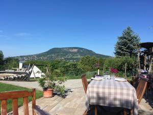 une table avec un chiffon de table en damier sur une terrasse dans l'établissement Sipos Borház és Vendégház, à Badacsonyörs