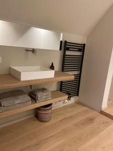 a bathroom with a white sink on a shelf at The Pine House B&B in Schoten