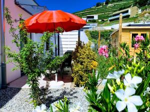 eine Terrasse mit einem roten Regenschirm und einigen Pflanzen in der Unterkunft Guesthouse Petit Pré in Saint-Léonard