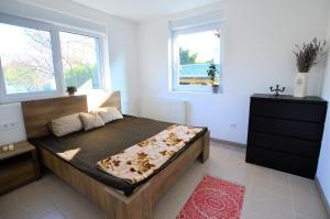 een slaapkamer met een bed in een kamer met 2 ramen bij Zöldház magánszállás in Szentendre