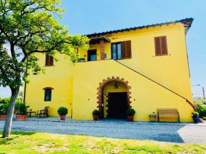 a yellow building with a door and a bench at La Nana Gialla in Riotorto