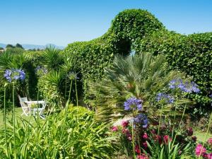 a garden with bushes and flowers and a chair at Maison Bista Eder in Bidart